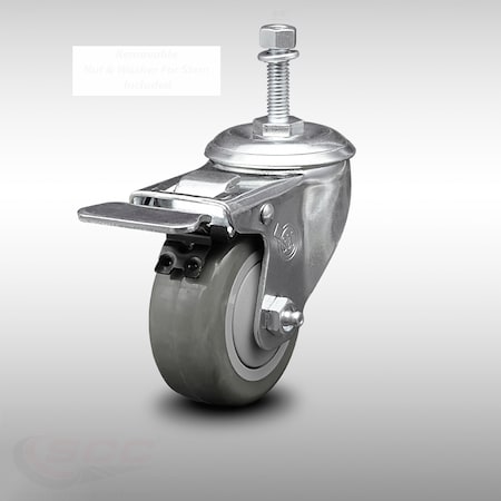 Service Caster 3.5 Inch SS Gray Polyurethane 3/8 Inch Threaded Stem Caster Total Lock Brake SCC SCC-SSTSTTL20S3514-PPUB-381615